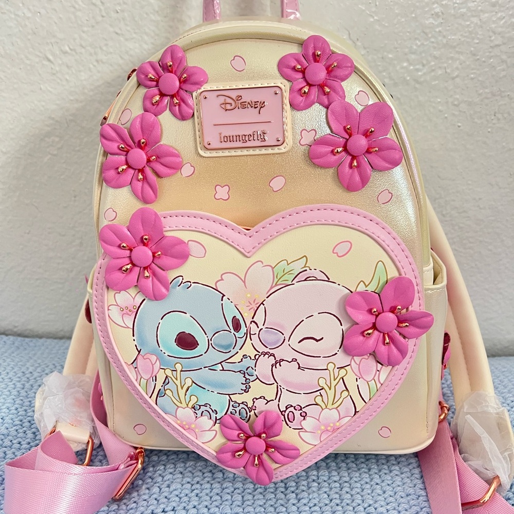 Loungefly Disney Stitch and Angel Cherry Blossom Heart Mini Backpack